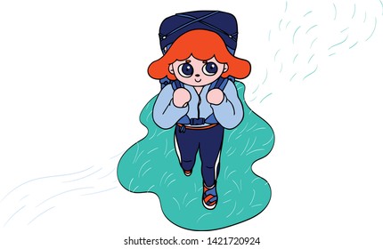 Woman go hiking  in white background. The gently wind comes the grass float.