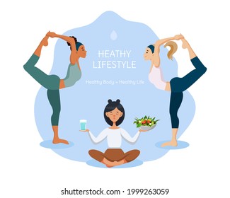 Woman go in for sports and eat healthy food. Healthy habits, active lifestyle, fitness, dietary nutrition. Concept illustration for yoga, meditation, relax, recreation, healthy lifestyle