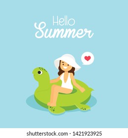 Woman go to travel in summer holiday,Girl wearing swimsuit swimming on the inflatable turtle