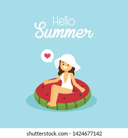 Woman go to travel in summer holiday,Girl wearing swimsuit swimming on the inflatable watermelon