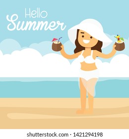 Woman go to travel in summer holiday,woman at summer beach on holiday vacations with cocktails