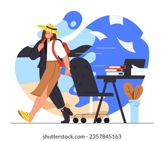 Woman go to vacation concept. Employee leaves workplace with suitcase. Travel and tourism, trip and voyage. Young girl in half casual clothes at office. Cartoon flat vector illustration