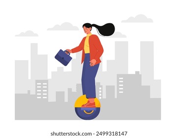 Woman go to work. Young girl riding hoverboard. Modern ecofriendly transport. Caring for ecology and environment. Business lady outdoors. Flat vector illustration isolated on white background