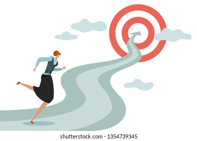 Woman goal. Business young female running to successful career and new goals, winning jumping difficulties to target vector illustration