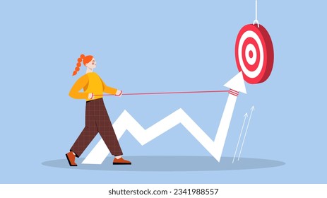 Woman to goal concept. Young girl near target with graph. Goal setting and motivation, leadership and success. Talented entrepreneur and businesswoman. Cartoon flat vector illustration