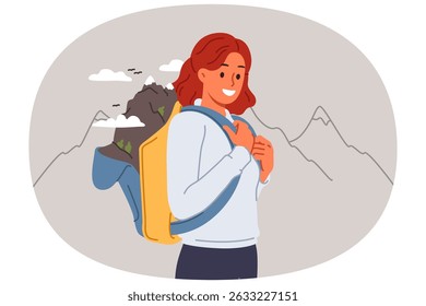 Woman goes hiking in mountains, posing in outdoor clothing with backpack for personal belongings. Girl loves hiking and traveling through national parks looks at screen with smile.