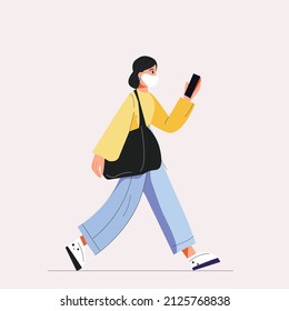 The woman goes to the phone in her hand. The woman in the mask. The woman is walking with a bag. Vector modern flat illustration. Isolated objects.