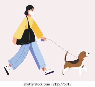 The Woman Goes To The Phone In His  Hand. The Woman Is Walking With A Big Bag. The Woman In The Mask. Walking The Dog On A Leash. Beagle Walk. Vector Modern Flat Illustration. Isolated Objects.