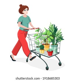The woman goes and rolls the shopping cart. Houseplants in a shopping cart. Vector colorful illustration isolated on white background.