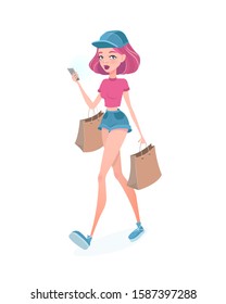 Woman goes with shopping bags and holding smartphone in hand. Vector illustration cartoon style