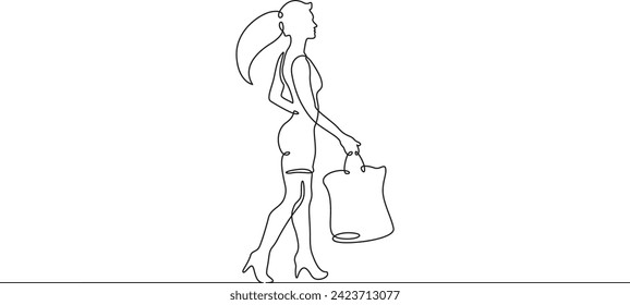 Woman goes shopping. Girl with packages. Sale.One continuous line . Line art. Minimal single line.White background. One line drawing.