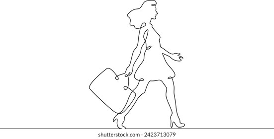 Woman goes shopping. Girl with packages. Sale.One continuous line . Line art. Minimal single line.White background. One line drawing.