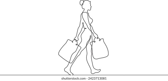 Woman goes shopping. Girl with packages. Sale.One continuous line . Line art. Minimal single line.White background. One line drawing.