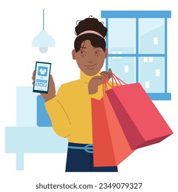 A woman goes shopping in online store in flat illustration