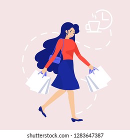 A woman goes shopping. Vector flat graphics. Shopping Bags. Female shopping