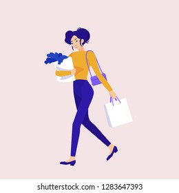 A woman goes shopping. Vector flat graphics. Shopping Bags. Female shopping