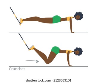 The woman goes in for sports. The girl performs an exercise on the ropes. Healthy lifestyle, beautiful body. Vector illustration. Eps10