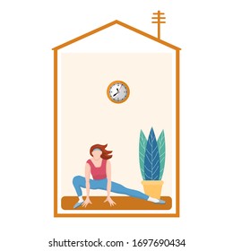 Woman goes in for sports at home, does exercises, silhouette of a house. Concept: spending time at home on self-isolation and quarantine. Vector illustration