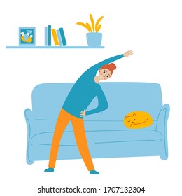 Woman goes in for sports at home. Stay home. Work out from home during quarantine social distancing period of pandemic corona virus or covid-19. 