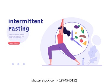 Woman goes in for sports, yoga posture. Concept of fasting, intermittent fasting, diet, diet plan, proper nutrition, dream figure, fitness, healthy food. Vector illustration in flat design