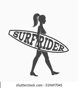 Woman goes surfing with surfboard. Surf rider logo. Vector illustration. Flat