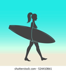 Woman goes surfing with surfboard. Surf vintage logo. Vector illustration. Flat