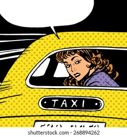 A woman goes to taxi looks around separation anxiety love maniac pop art comics retro style Halftone. Imitation of old illustrations. The girl in the back seat of the car looking through the glass