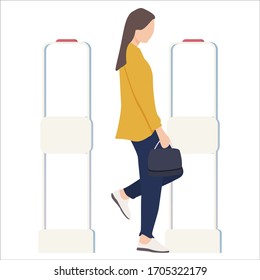 Woman goes through anti-theft sensor gates. Security system detect barcode and notify. Vector, illustration.