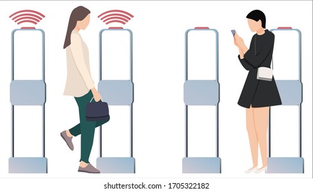 La mujer pasa por las puertas de los sensores antirrobo. El sistema informa de robo. El sistema de seguridad detecta código de barras y lo notifica. Vector, ilustración.