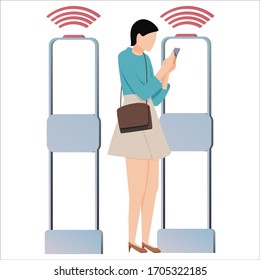 Woman goes through anti-theft sensor gates. System reports theft. Security system detect barcode and notify. Vector, illustration.