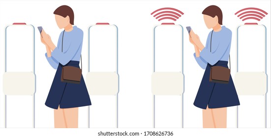 La mujer pasa por las puertas de los sensores antirrobo. El sistema informa de robo. El sistema de seguridad detecta código de barras y lo notifica. Vector, ilustración.