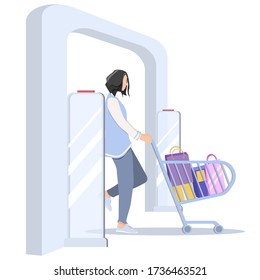 Woman goes through anti-theft sensor gates. Security system detect barcode and notify. Vector, illustration. No signal from gates - no stolen items.