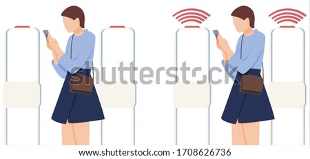 Woman goes through anti-theft sensor gates. System reports theft. Security system detect barcode and notify. Vector, illustration.