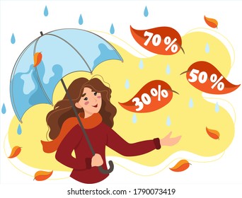 
Woman goes under an umbrella. Season of sale and discounts. Banner autumn discounts 30%, 50%, 70%. Vector illustration in flat style