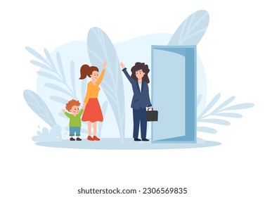 Woman goes to work and says goodbye to her son and nanny, flat vector illustration isolated on white background. Babysitter taking care of child while mother working. Daycare service.