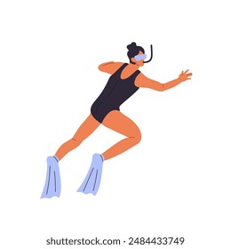 Mujer con gafas, aletas nadando bajo el agua. Nadador va a bucear. Buceador con snorkel está bajo el mar, observa el mar. Buceo libre en el agua. Ilustración vectorial aislada plana sobre fondo blanco