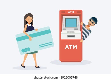 woman are going to drawing money from ATM, Male thief waiting to stealing.Beware of thief concept. Flat vector cartoon illustration.
