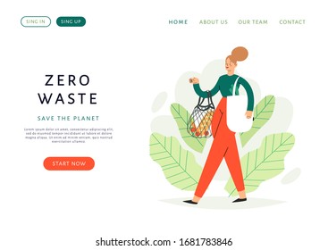 Woman going with eco bags. Happy girl character care about the environment and ecology, use net bag, sorting garbage, recycling. Zero waste concept website or web page template, banner design