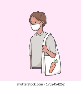 woman going to grocery wearing mask virus illustration	
