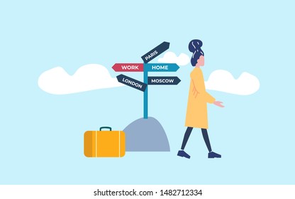 Woman going home after hard work and stressed job. Flat vector illustration.