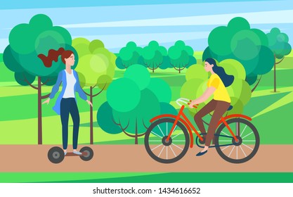Woman going on bicycle by road, female balancing on scooter, people activity on eco transport outdoor, leisure in park, green trees, driving vector