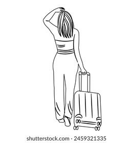 woman going on vacation with suitcase sketch on white background vector