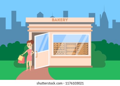 Woman going out of the bakery shop with bread. Bakery building with showcase full of tasty baked products. Flat vector illustration