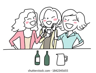 Woman going out boozing with her friends. Three happy women hanging out together. Cheerful women toasting glasses of alcohol. Lively three women drinking beer together after work. Hand-drawn vector.