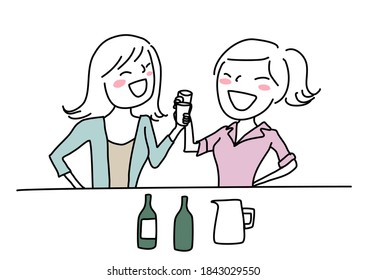 Woman going out boozing with her friend. Two happy women hanging out together. Cheerful women toasting glasses of alcohol. Lively two women drinking beer together after work. Hand-drawn vector.