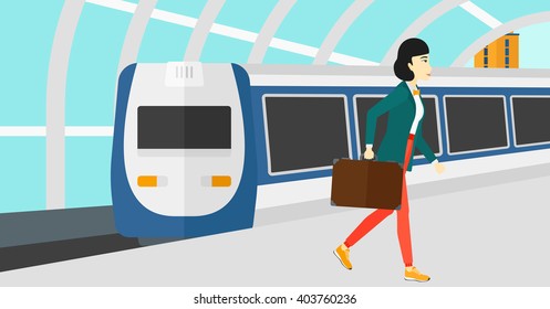 Woman going out of train.