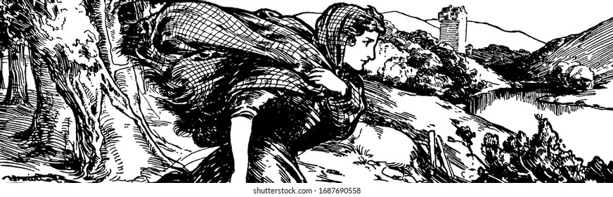 A woman going somewhere and trees in background, vintage line drawing or engraving illustration