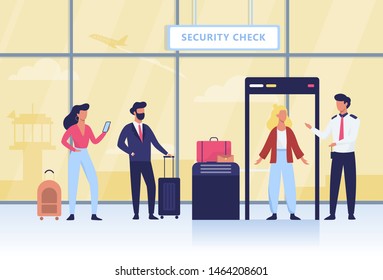 Woman going through the metal scanner. Security control checkpoint in the airport. Metal detector for safety on board. Isolated vector flat illustration