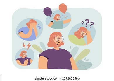Woman going through nervous breakdown or bipolar behavior disorder. Person feeling anger, frustration, joy, confusion. Vector illustration for mood changes, mental problems, emotional crisis concept