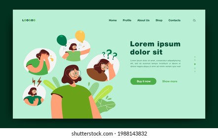 Woman going through nervous breakdown or bipolar behavior disorder. Person feeling anger, frustration, joy, confusion. Vector illustration for mood changes, mental problems, emotional crisis concept